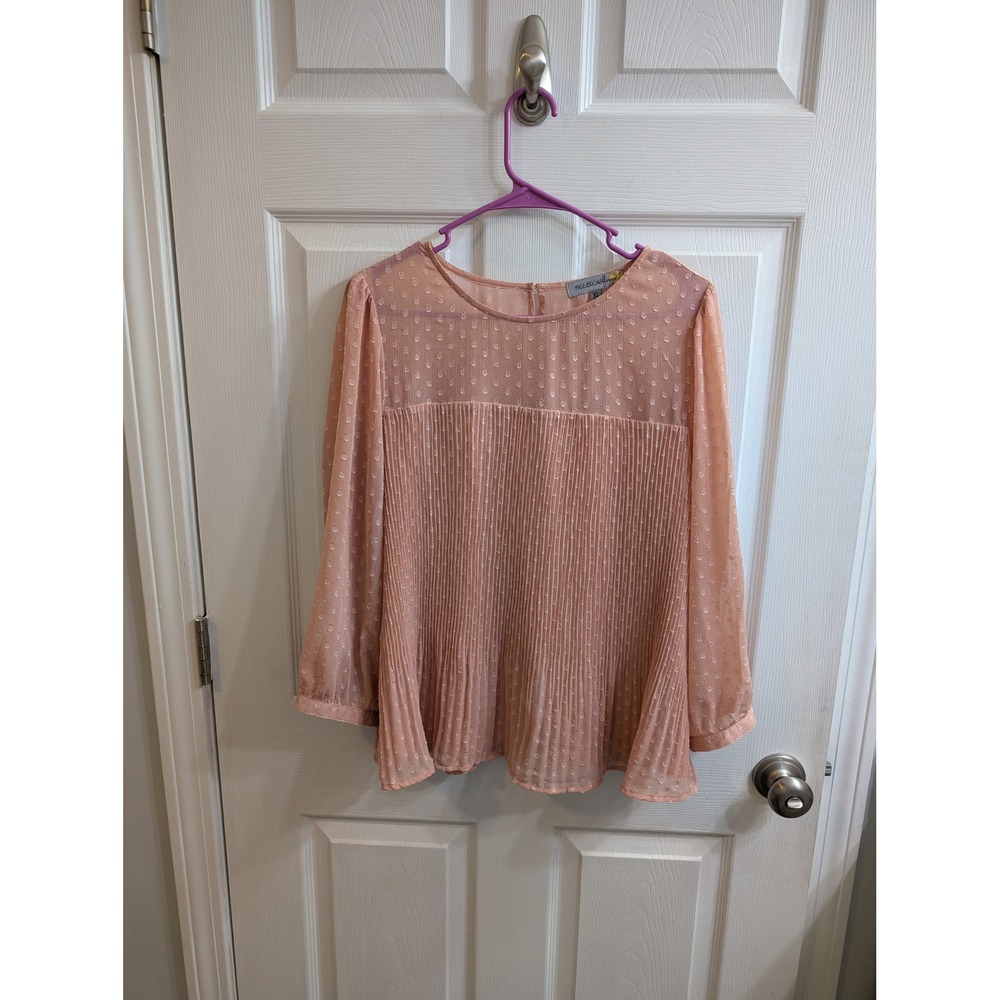 Figueroa & Flower‎ Peach Swiss Dot Pleated Sheer Long Sleeve Blouse - Size XL